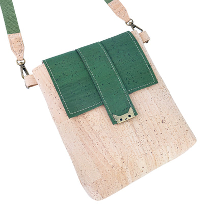 Natural Cork Crossbody Bag with Green Flap & Cat Clasp — BAGP-376