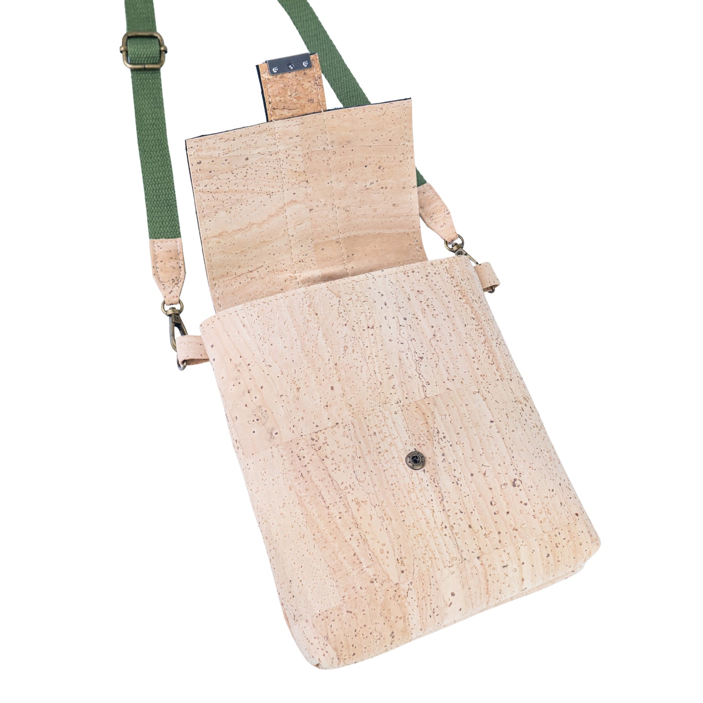 Natural Cork Crossbody Bag with Green Flap & Cat Clasp — BAGP-376