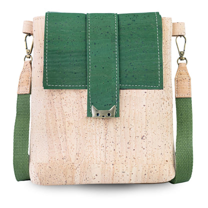 Natural Cork Crossbody Bag with Green Flap & Cat Clasp — BAGP-376