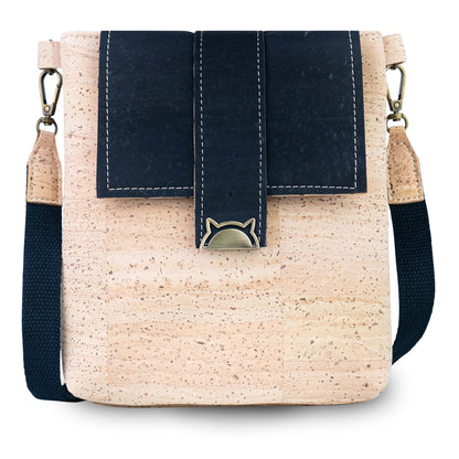 Natural Cork Crossbody Bag with Black Flap & Cat Clasp — BAGP-378-B