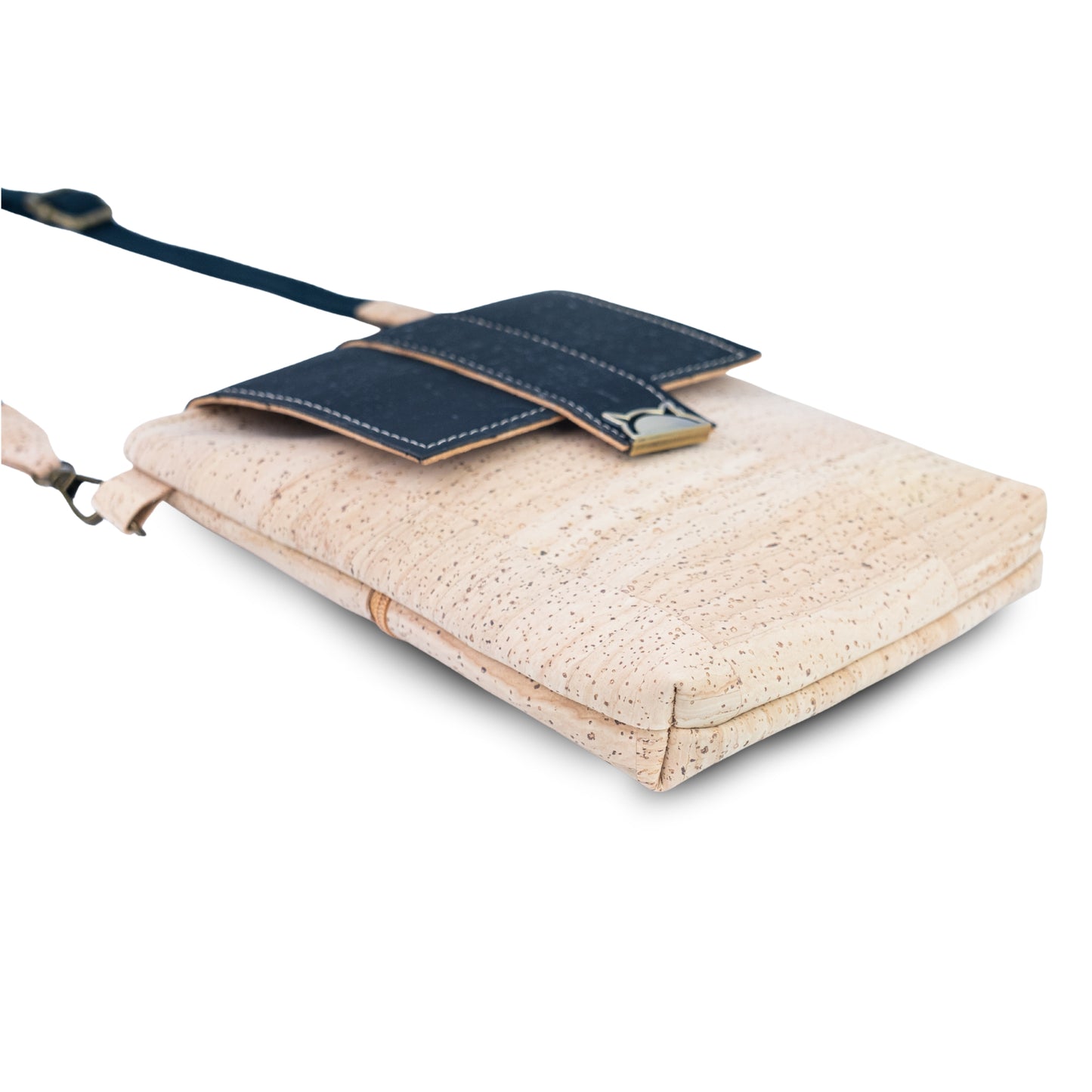 Natural Cork Crossbody Bag with Black Flap & Cat Clasp — BAGP-378-B