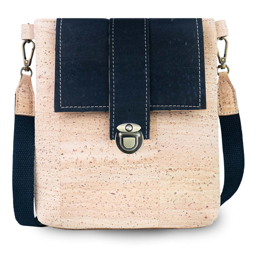 Natural Cork Crossbody Bag with Black Flap & Turn-Lock Closure — BAGP-379