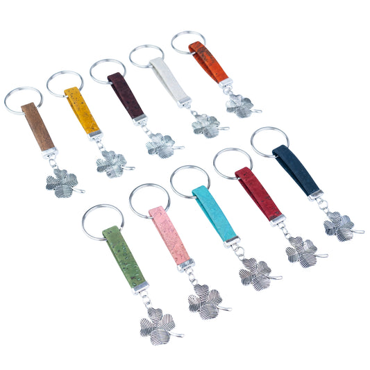 Portuguese Handmade Cork Cord Keychain with  Four-Leaf Clover  – 10 Color Assortment  I-109-MIX-10