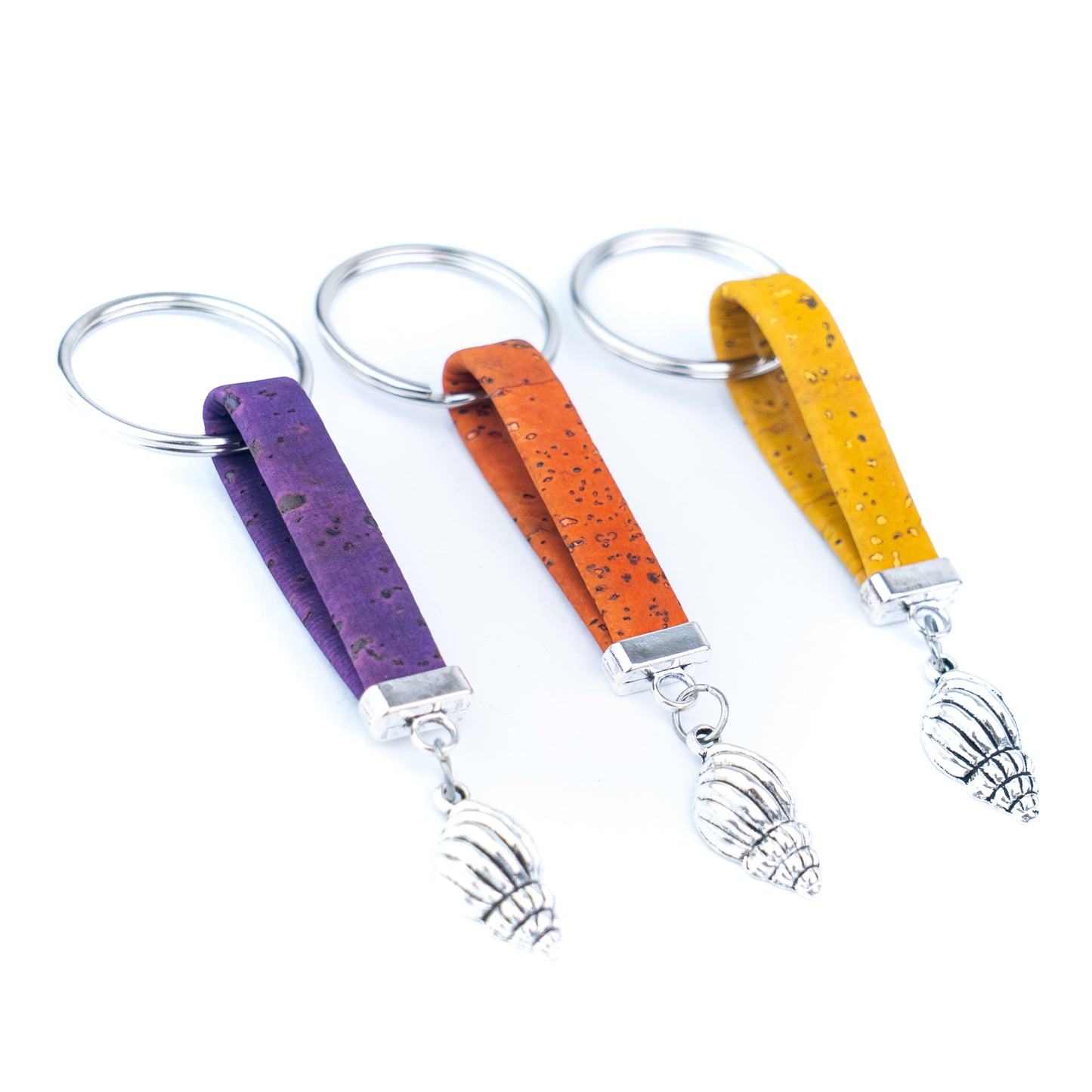 Portuguese Handmade Cork Cord Keychain with Seashell Charm – 10 Color Assortment  I-107-MIX-10