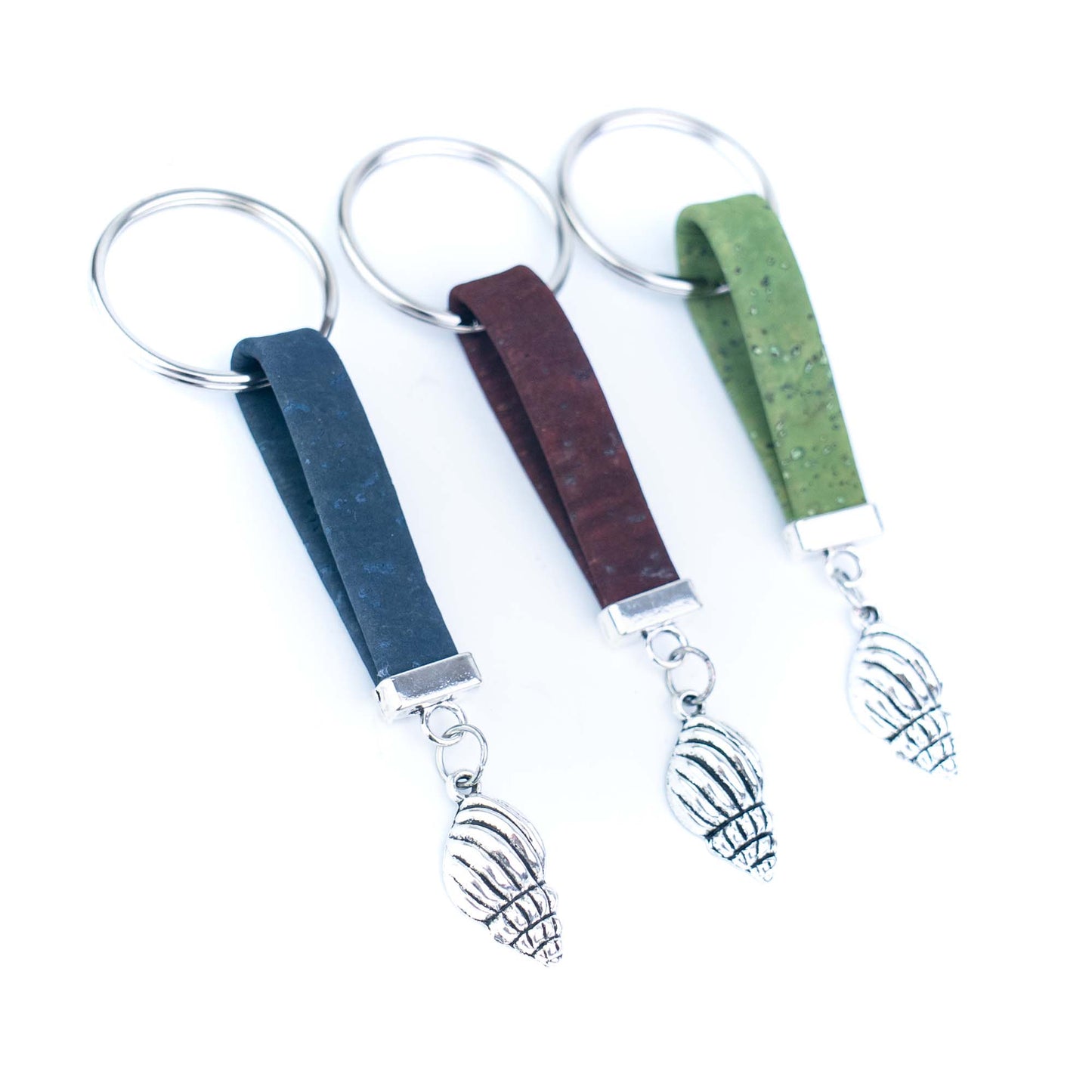 Portuguese Handmade Cork Cord Keychain with Seashell Charm – 10 Color Assortment  I-107-MIX-10