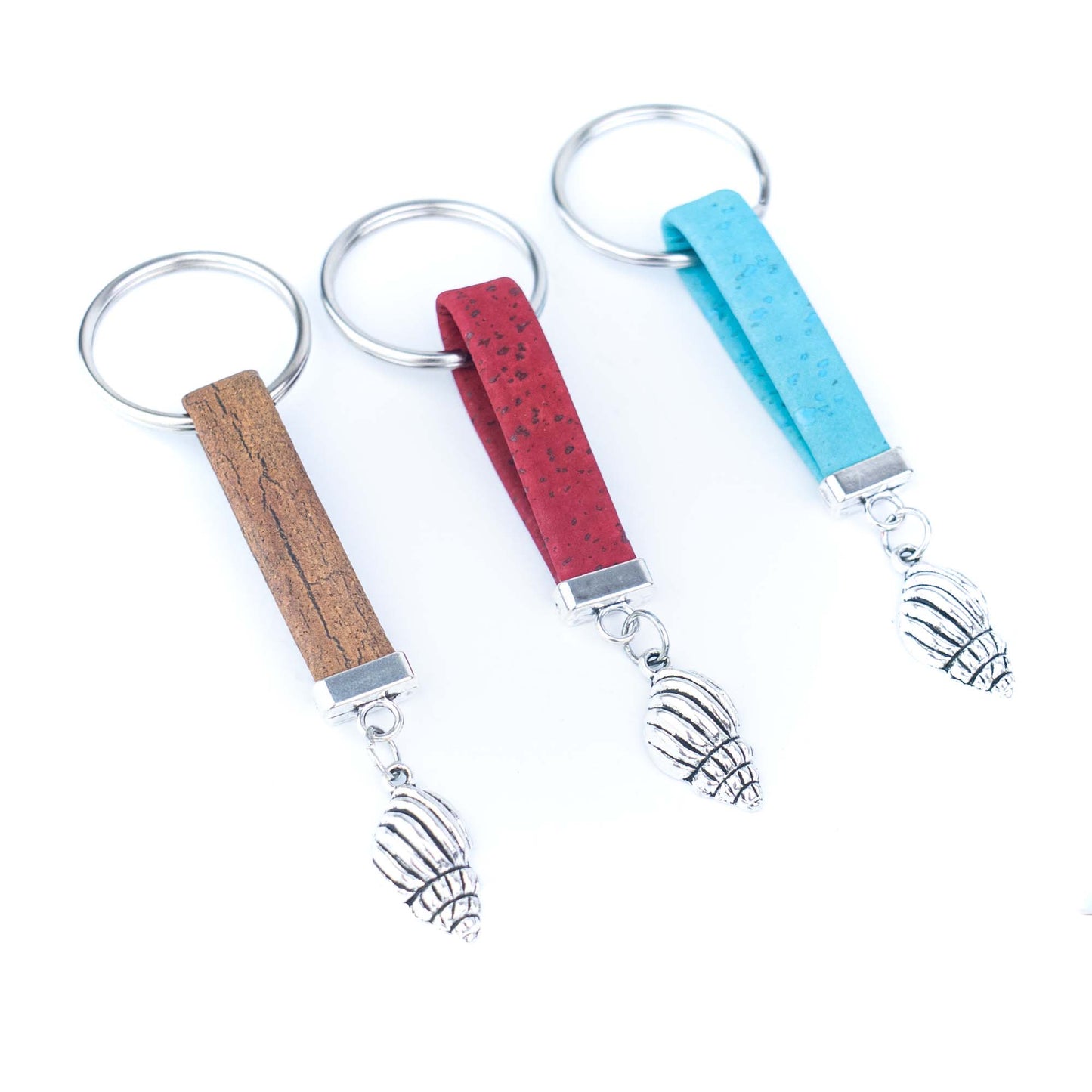 Portuguese Handmade Cork Cord Keychain with Seashell Charm – 10 Color Assortment  I-107-MIX-10