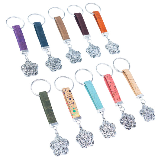 Portuguese Handmade Cork Cord Keychain with Flower Charm   – 10 Color Assortment  I-110-MIX-10