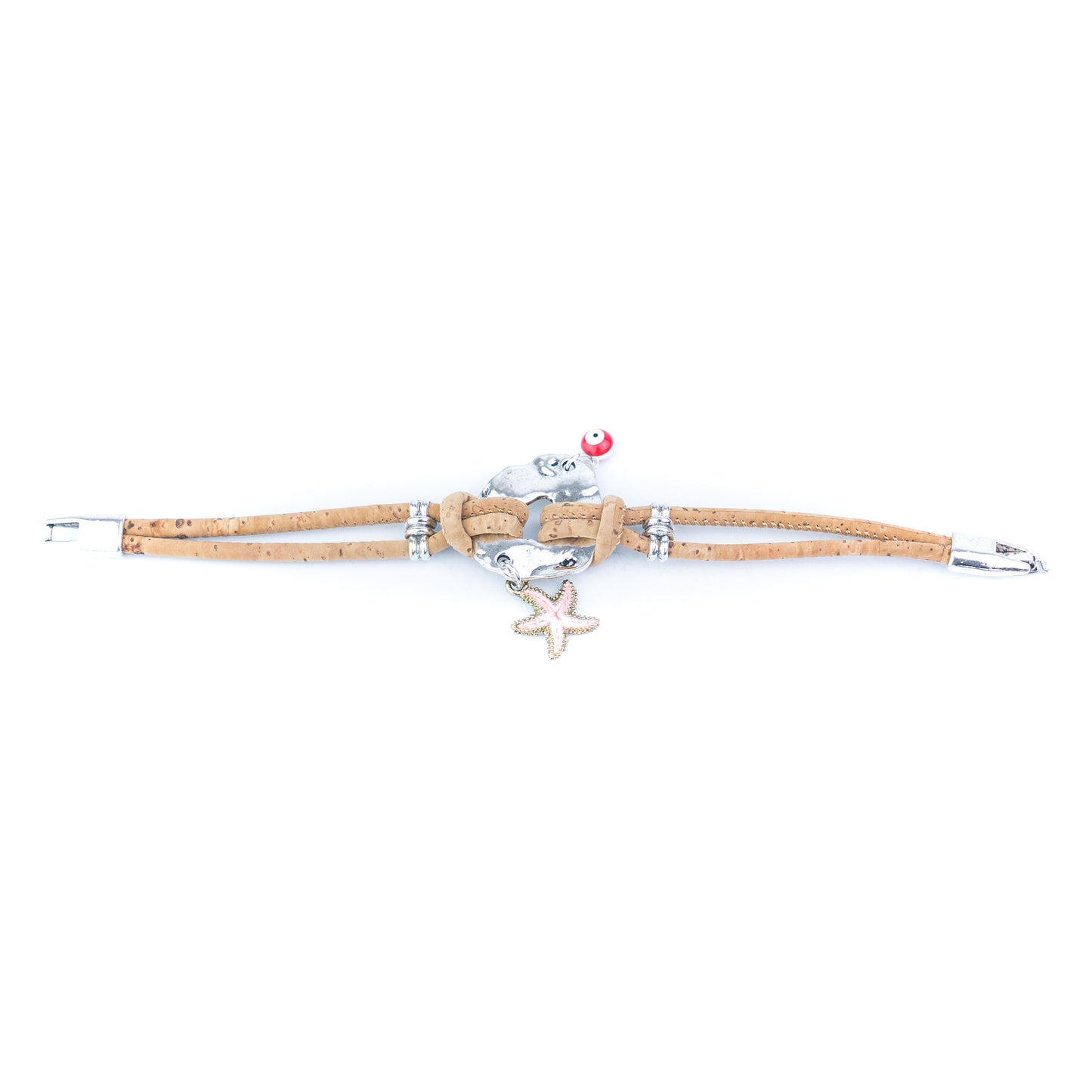 Portuguese Handmade Cork Bracelet with Starfish &amp; Evil Eye Charms- women's bracelet  BR-218-5