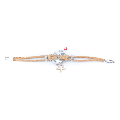 Portuguese Handmade Cork Bracelet with Starfish &amp; Evil Eye Charms- women's bracelet  BR-218-5