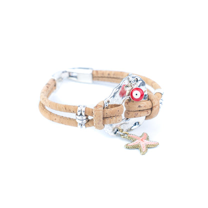 Portuguese Handmade Cork Bracelet with Starfish &amp; Evil Eye Charms- women's bracelet  BR-218-5