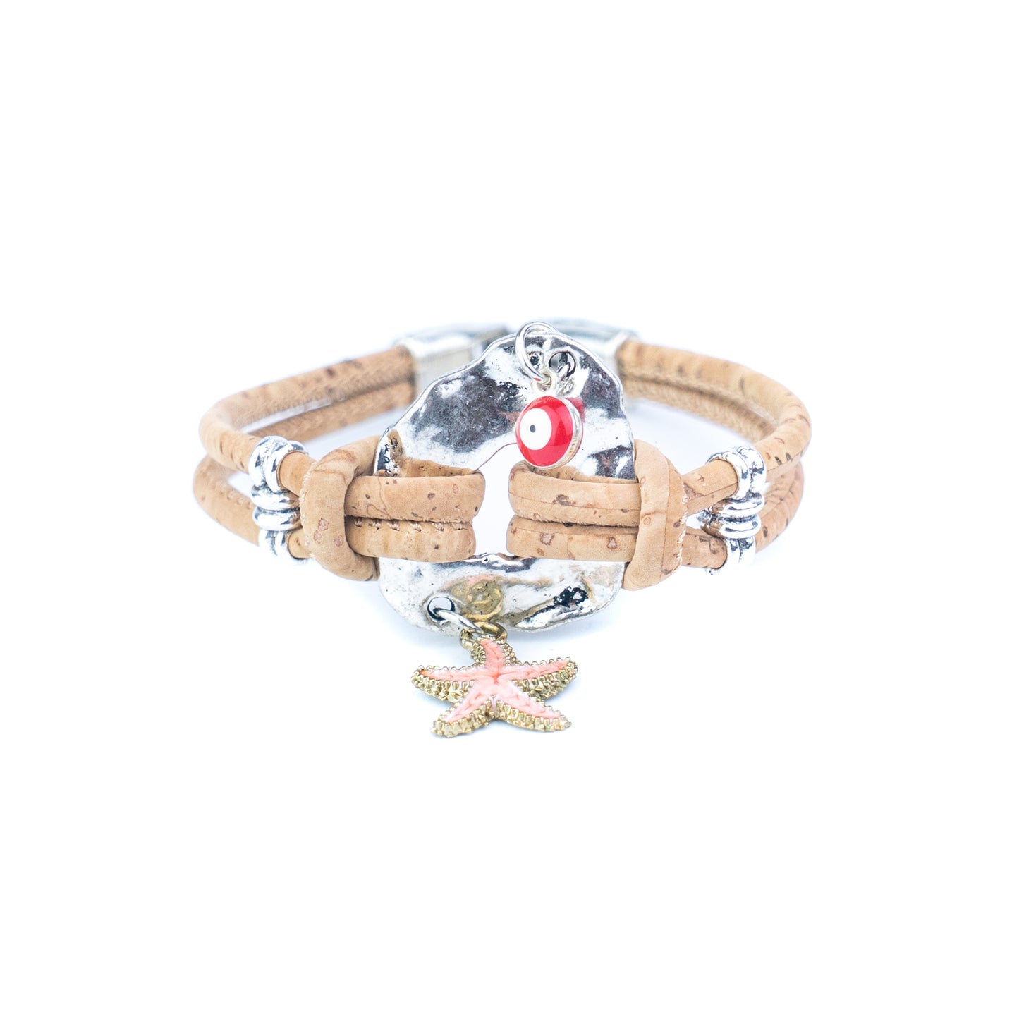 Portuguese Handmade Cork Bracelet with Starfish &amp; Evil Eye Charms- women's bracelet  BR-218-5