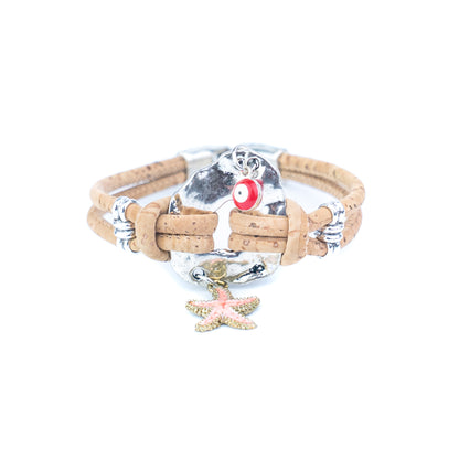 Portuguese Handmade Cork Bracelet with Starfish &amp; Evil Eye Charms- women's bracelet  BR-218-5