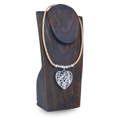 Portuguese Cork Double-Sided Heart Necklace with Rhinestone Pendant NE-1087-5