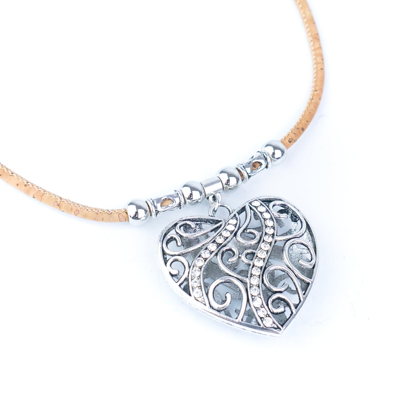 Portuguese Cork Double-Sided Heart Necklace with Rhinestone Pendant NE-1087-5