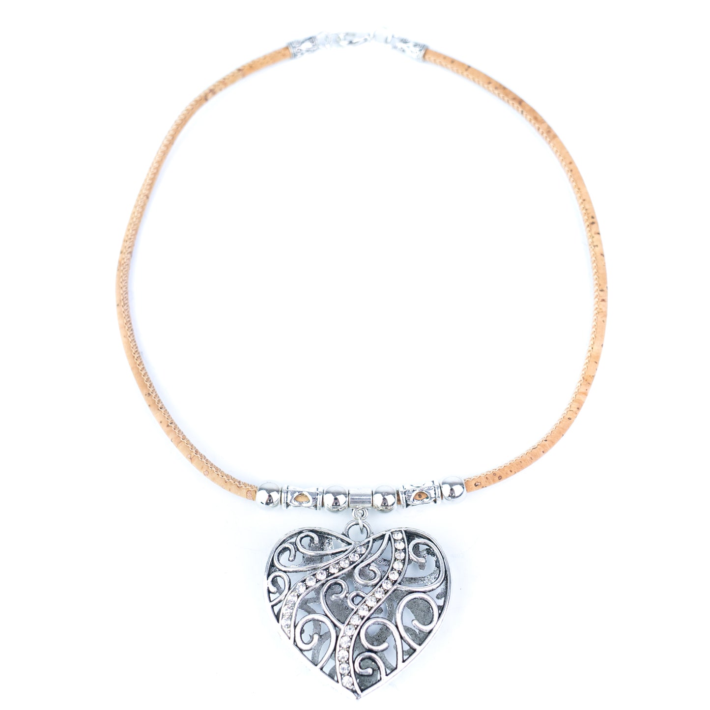 Portuguese Cork Double-Sided Heart Necklace with Rhinestone Pendant NE-1087-5
