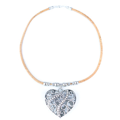 Portuguese Cork Double-Sided Heart Necklace with Rhinestone Pendant NE-1087-5