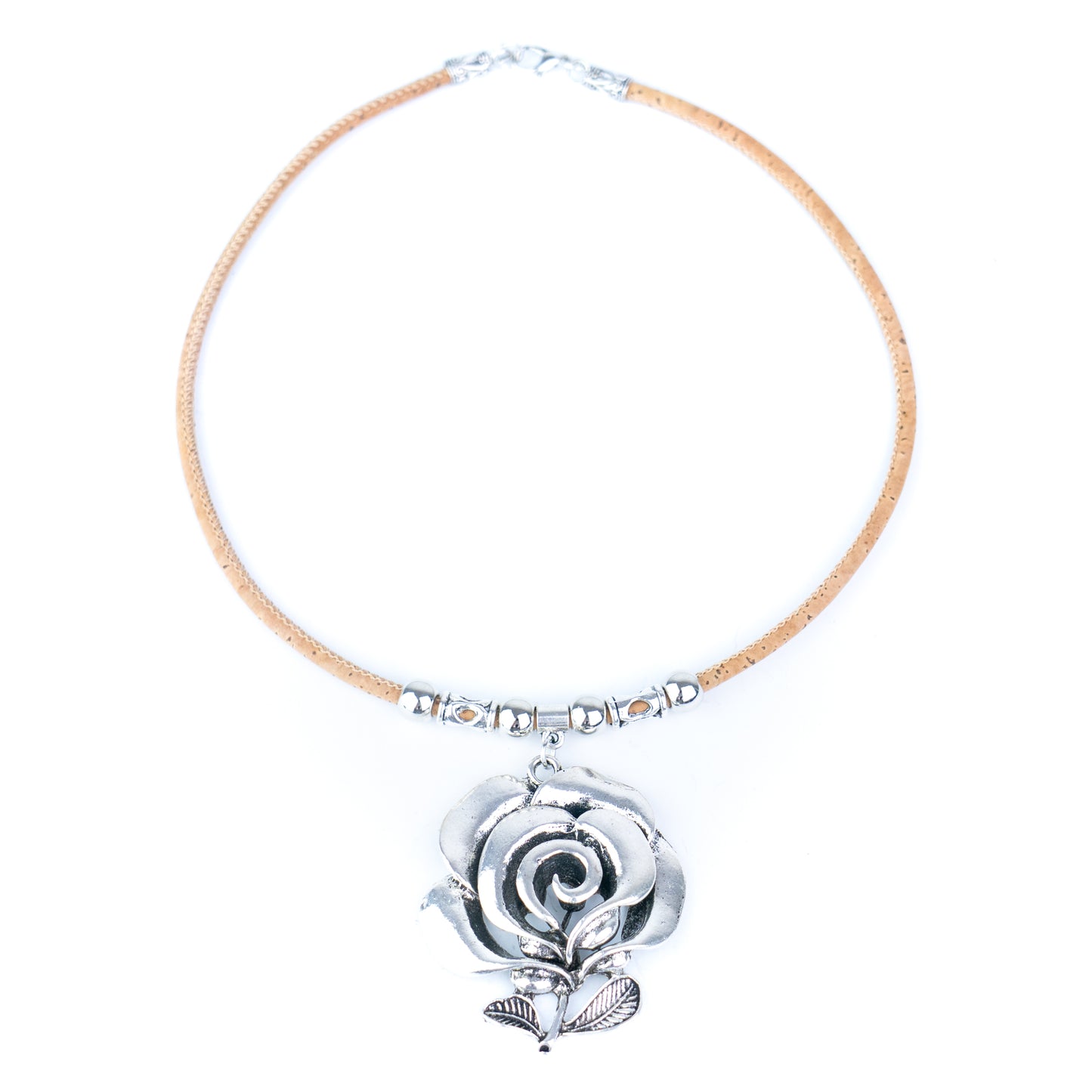 Natural Cork Flower Necklace with Vintage Rose – Handmade Portuguese Jewelry NE-1089-4