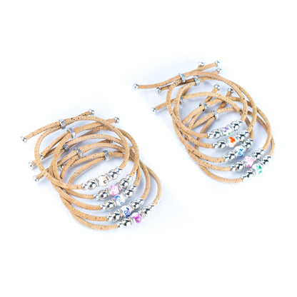 3mm Round Cork Bangle | Ceramic Beads & Alloy Fittings | Handmade, Adjustable | 10 Mixed Colors BR-502-MIX-10