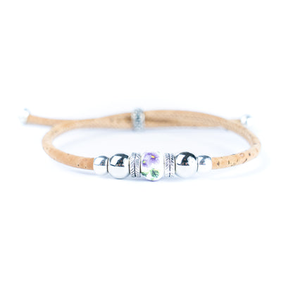 3mm Round Cork Bangle | Ceramic Beads & Alloy Fittings | Handmade, Adjustable | 10 Mixed Colors BR-502-MIX-10