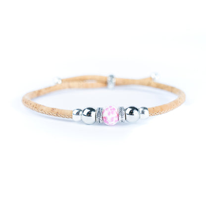 3mm Round Cork Bangle | Ceramic Beads & Alloy Fittings | Handmade, Adjustable | 10 Mixed Colors BR-502-MIX-10