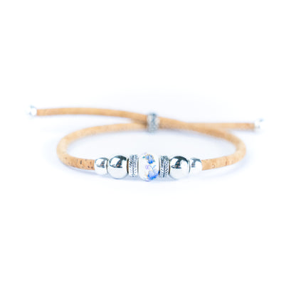 3mm Round Cork Bangle | Ceramic Beads & Alloy Fittings | Handmade, Adjustable | 10 Mixed Colors BR-502-MIX-10