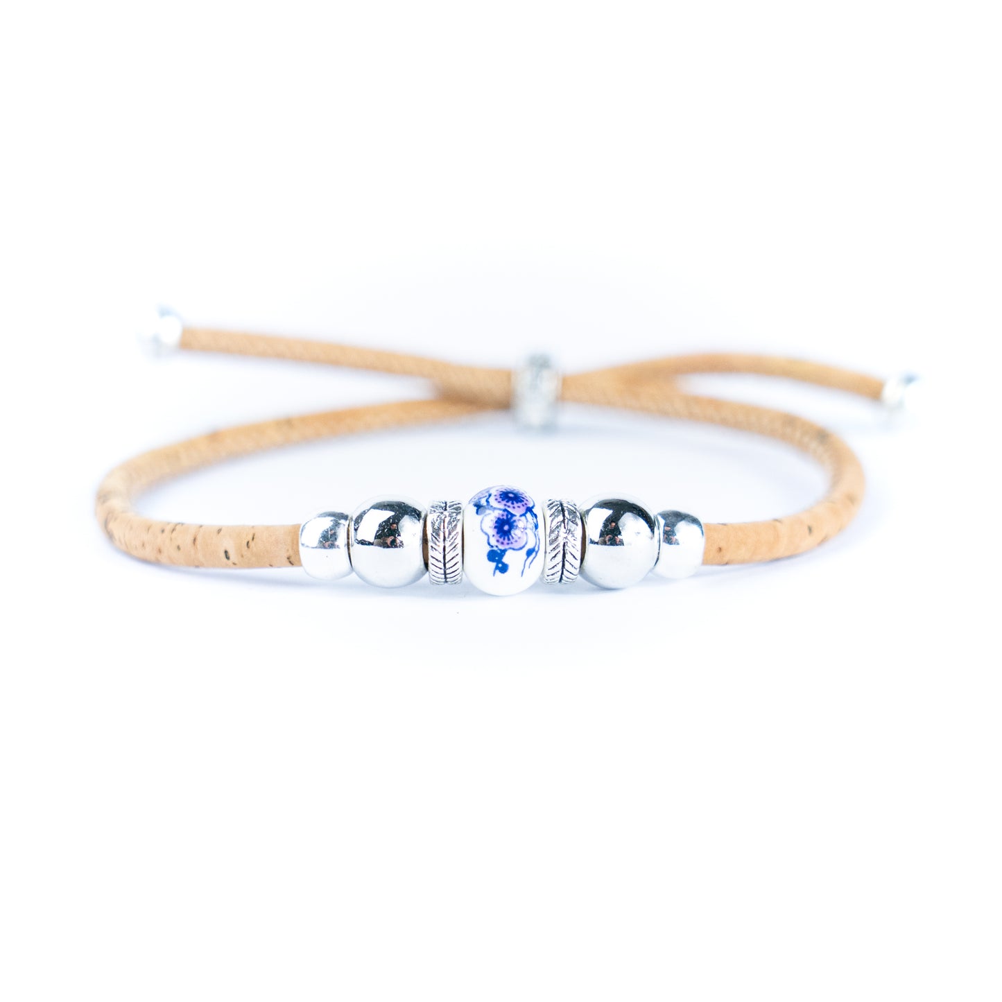 3mm Round Cork Bangle | Ceramic Beads & Alloy Fittings | Handmade, Adjustable | 10 Mixed Colors BR-502-MIX-10