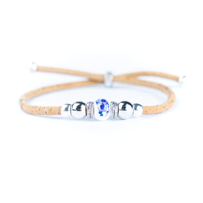 3mm Round Cork Bangle | Ceramic Beads & Alloy Fittings | Handmade, Adjustable | 10 Mixed Colors BR-502-MIX-10