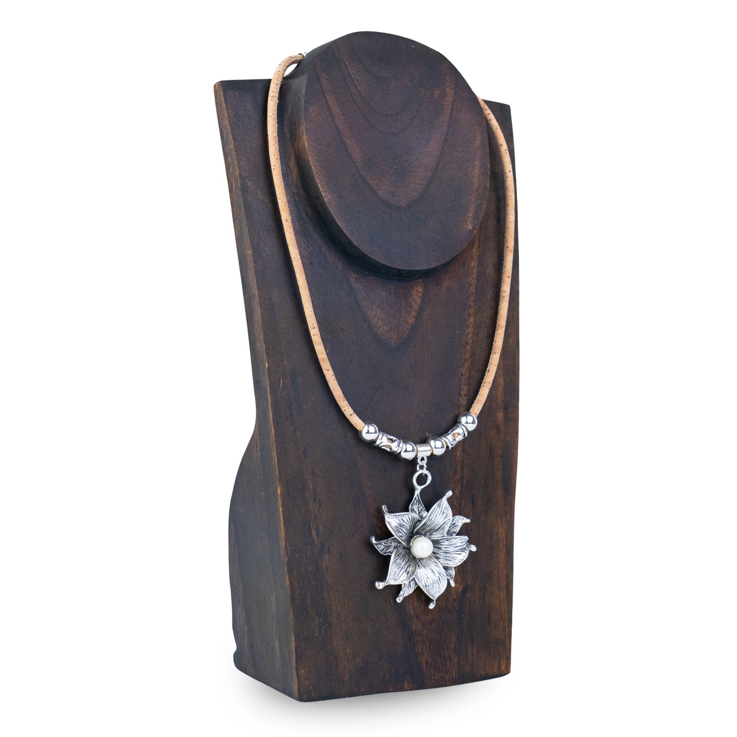 Natural Cork Flower Necklace with Pearl Accent – Handmade Portuguese Jewelry NE-1088-5