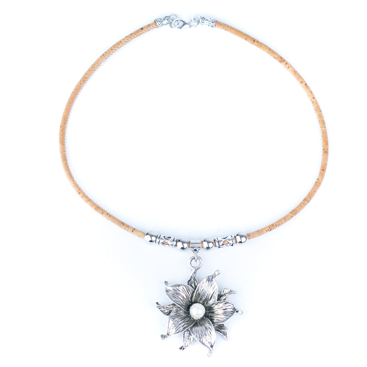Natural Cork Flower Necklace with Pearl Accent – Handmade Portuguese Jewelry NE-1088-5