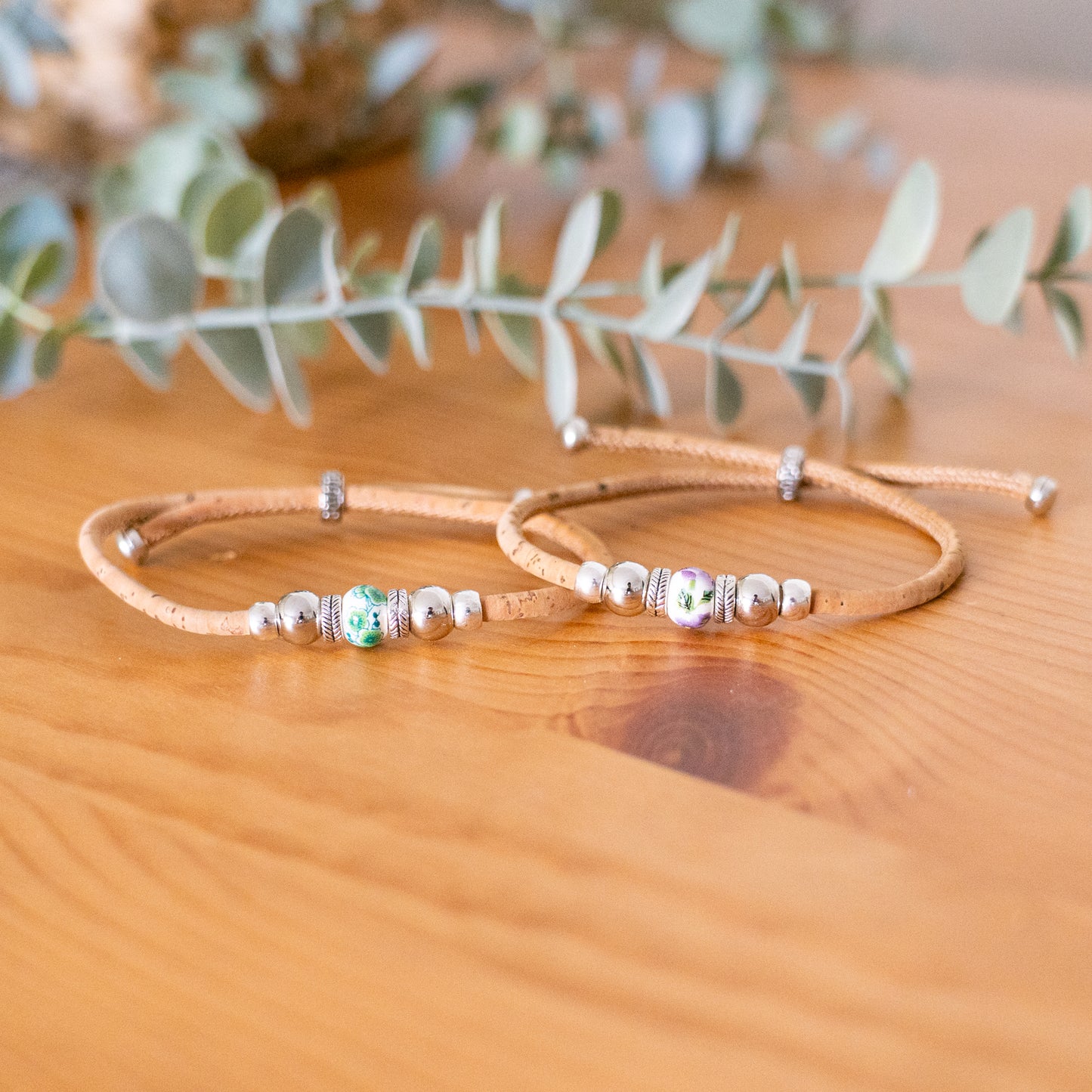 3mm Round Cork Bangle | Ceramic Beads & Alloy Fittings | Handmade, Adjustable | 10 Mixed Colors BR-502-MIX-10