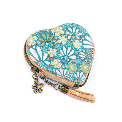 Heart-Shaped Cork Coin Purse with Tassel - Vegan Leather Alternative Zipper Pouch BAG-2370