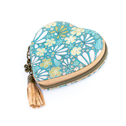 Heart-Shaped Cork Coin Purse with Tassel - Vegan Leather Alternative Zipper Pouch BAG-2370