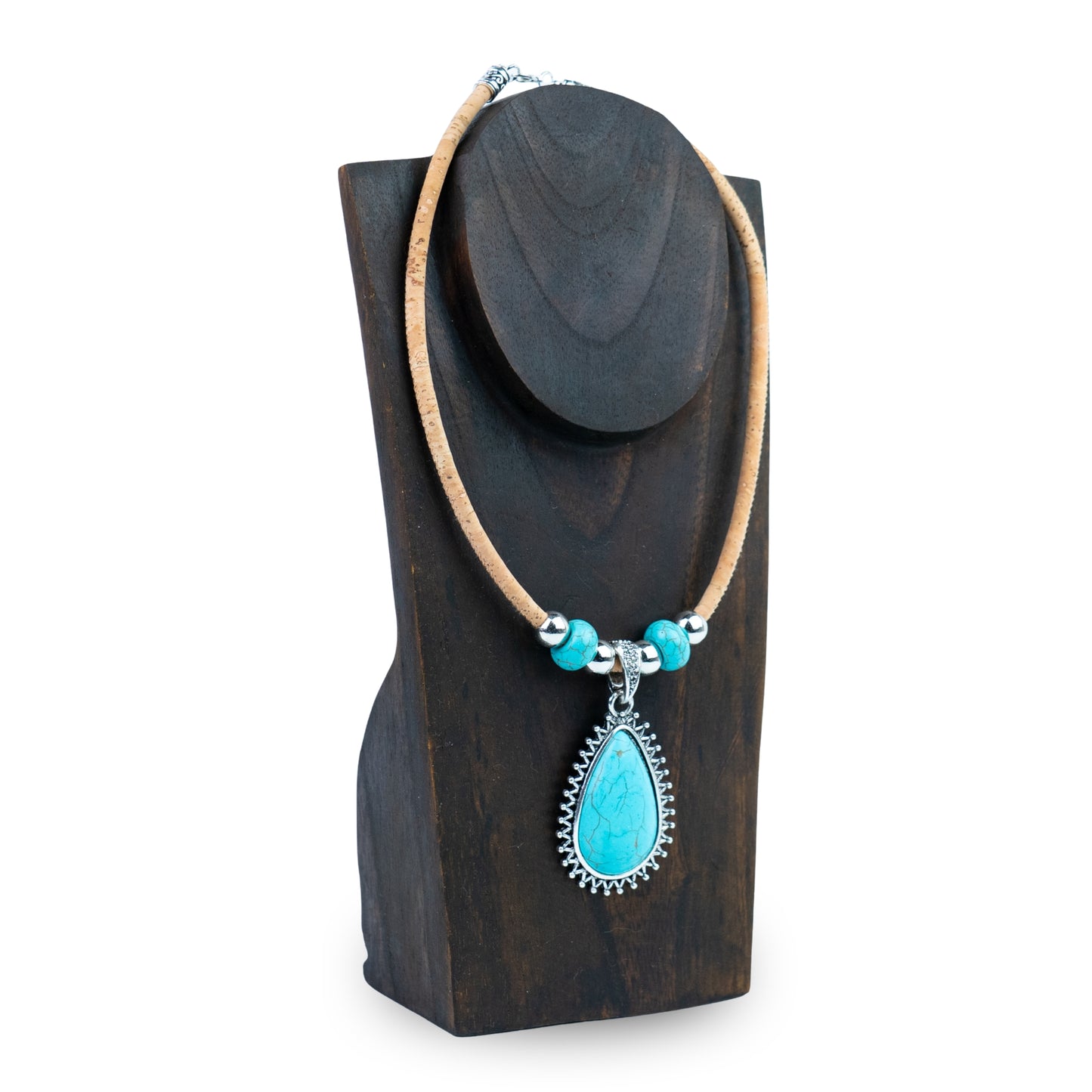 Handmade 5mm Natural Cork Necklace with Turquoise-Colored Pendant N-205-3
