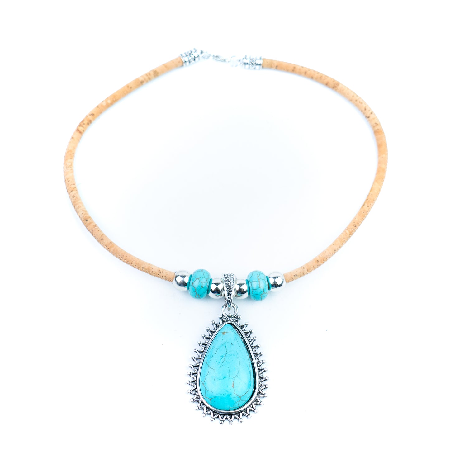 Handmade 5mm Natural Cork Necklace with Turquoise-Colored Pendant N-205-3