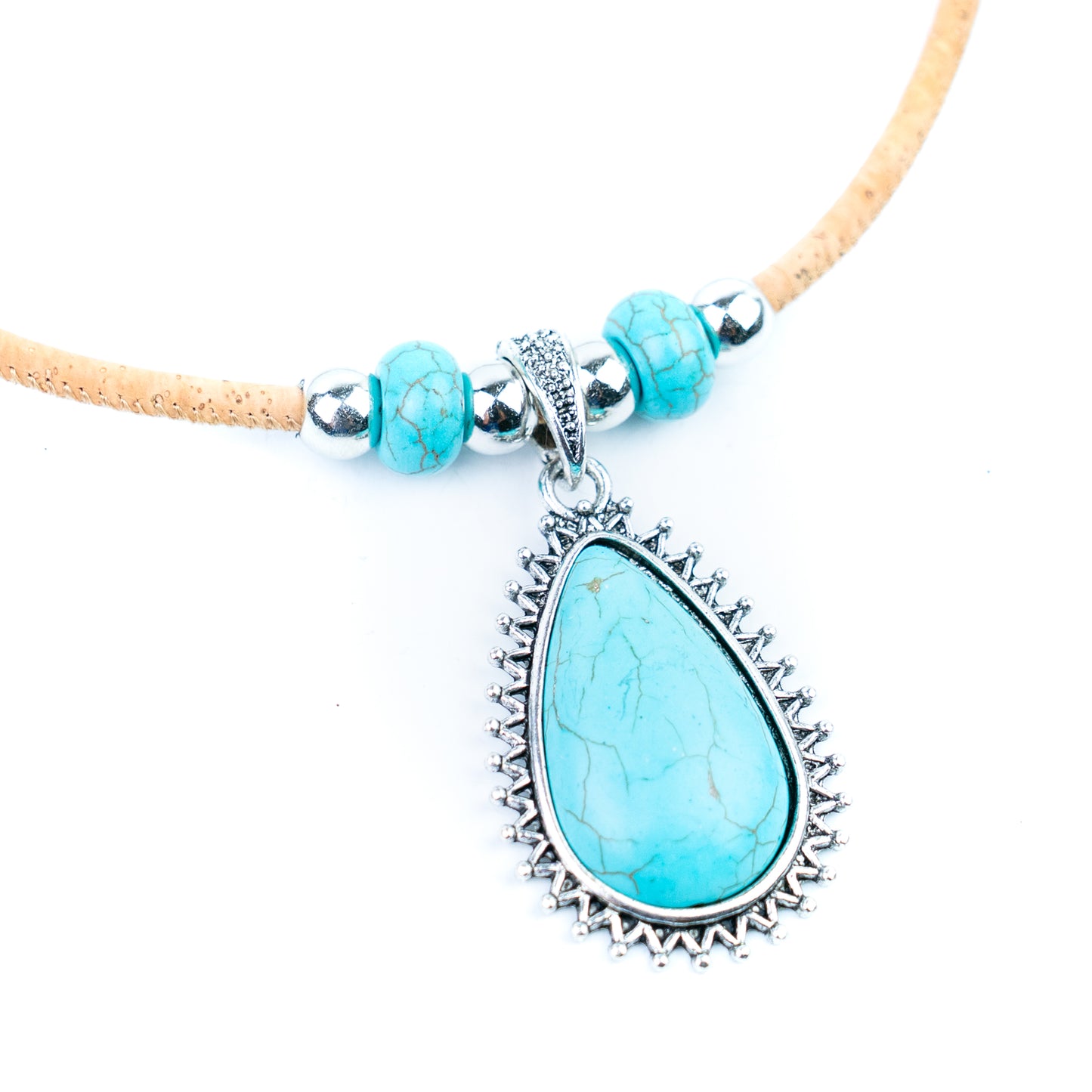 Handmade 5mm Natural Cork Necklace with Turquoise-Colored Pendant N-205-3