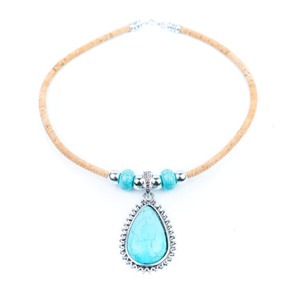 Handmade 5mm Natural Cork Necklace with Turquoise-Colored Pendant N-205-3