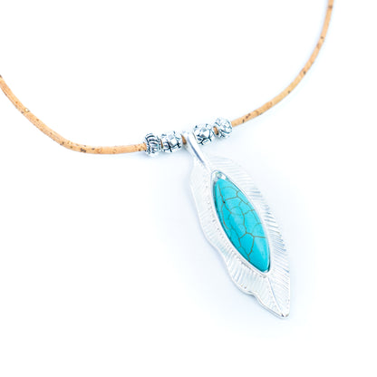 Natural Cork Necklace with Turquoise Leaf Pendant – Handmade in Portugal N-187-5