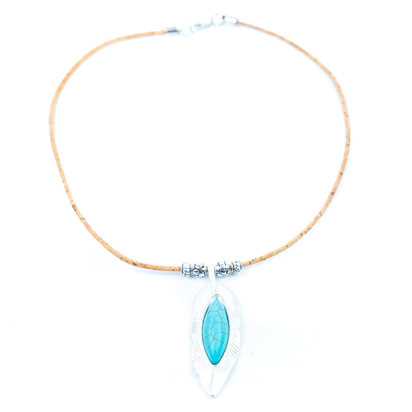 Natural Cork Necklace with Turquoise Leaf Pendant – Handmade in Portugal N-187-5