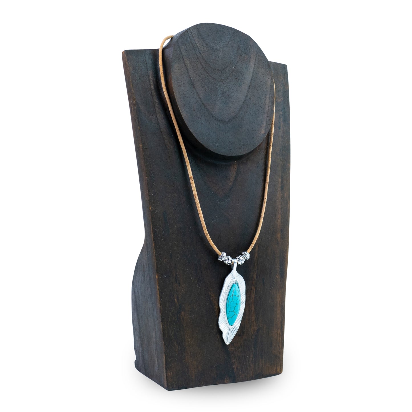 Natural Cork Necklace with Turquoise Leaf Pendant – Handmade in Portugal N-187-5