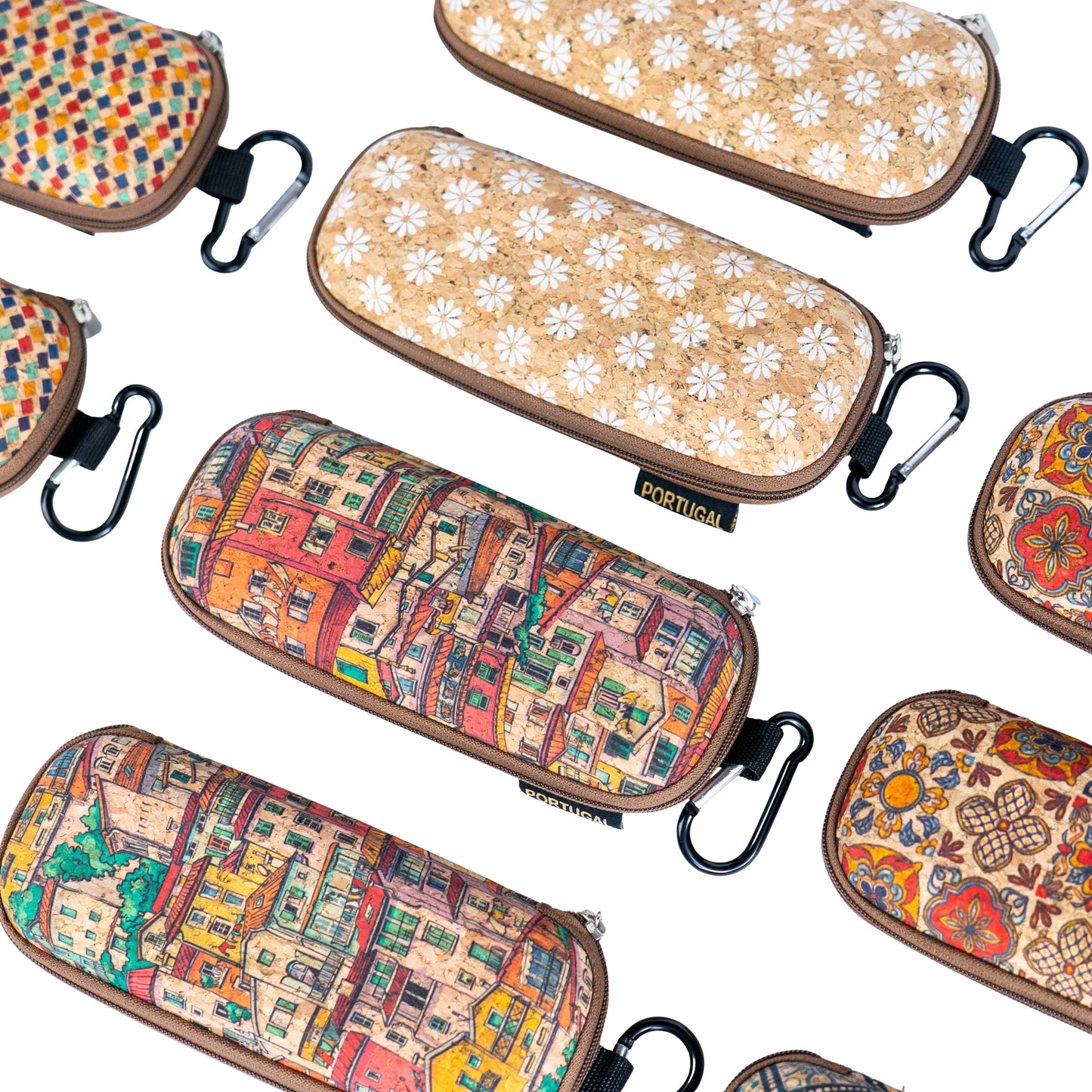 Cork Glasses Case with Carabiner Clip – Multicolor Pattern – L-1163-10 (10 Units)