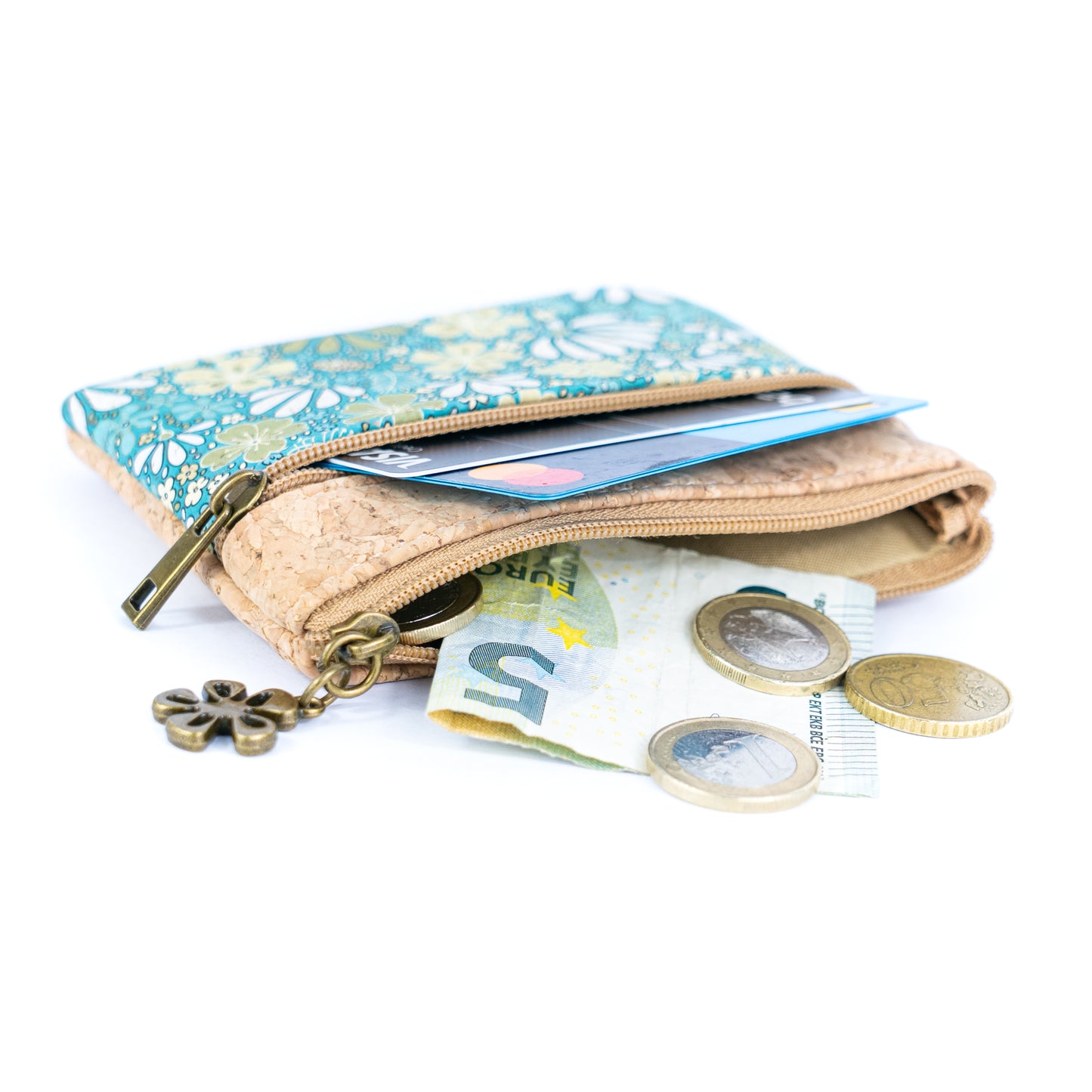 Double Zipper Cork Coin Purse – Floral Print BAG-2375