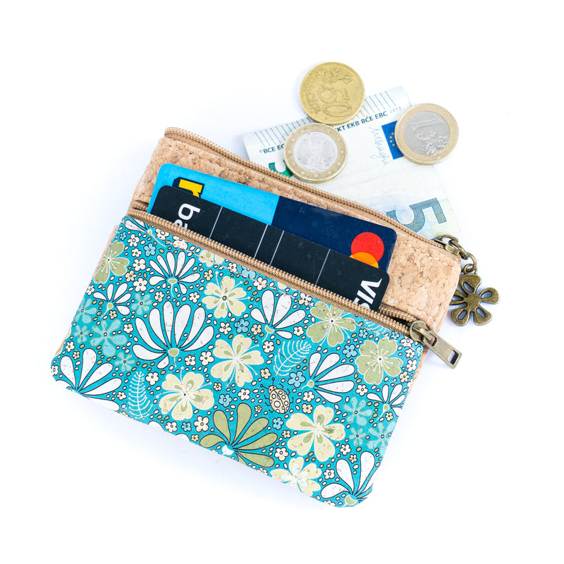 Double Zipper Cork Coin Purse – Floral Print BAG-2375