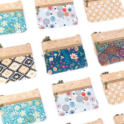 Double Zipper Cork Coin Purse – Floral Print BAG-2375