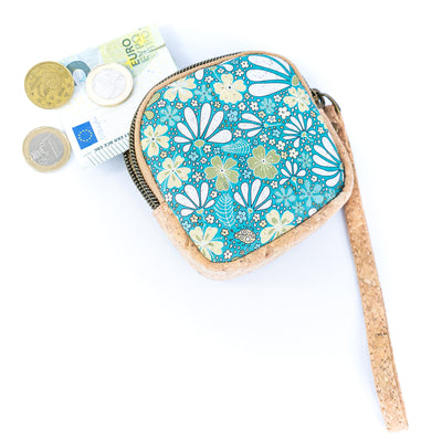 Square Cork Coin Purse with Wrist Strap – Floral Pattern BAG-2377