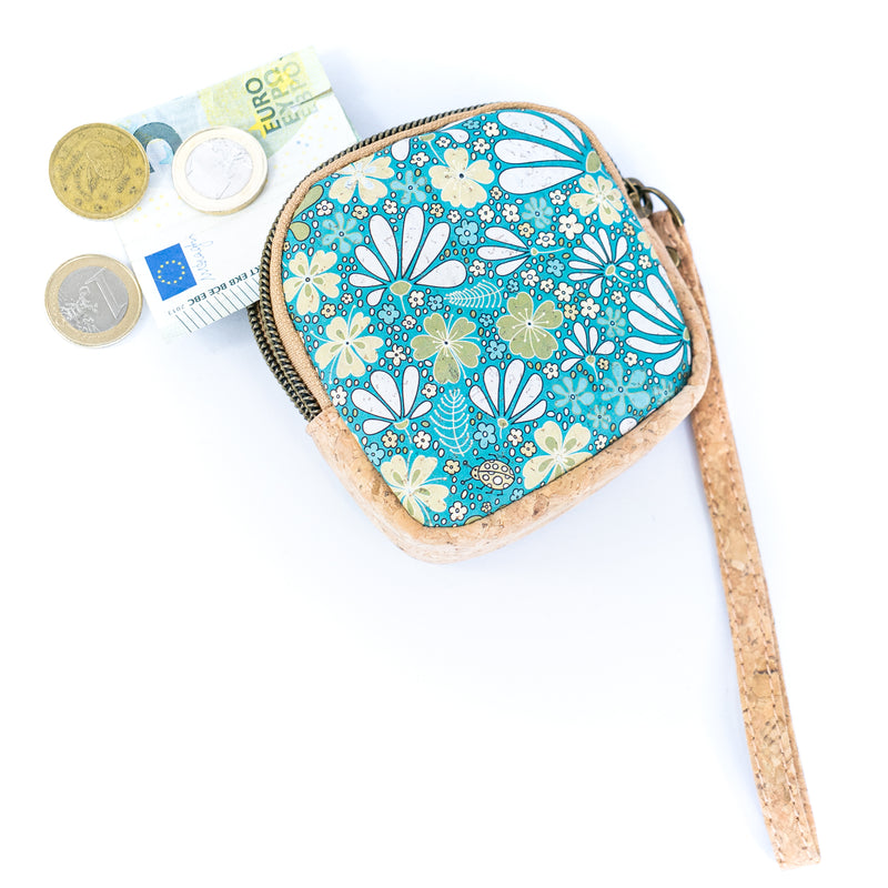 Square Cork Coin Purse with Wrist Strap – Floral Pattern BAG-2377