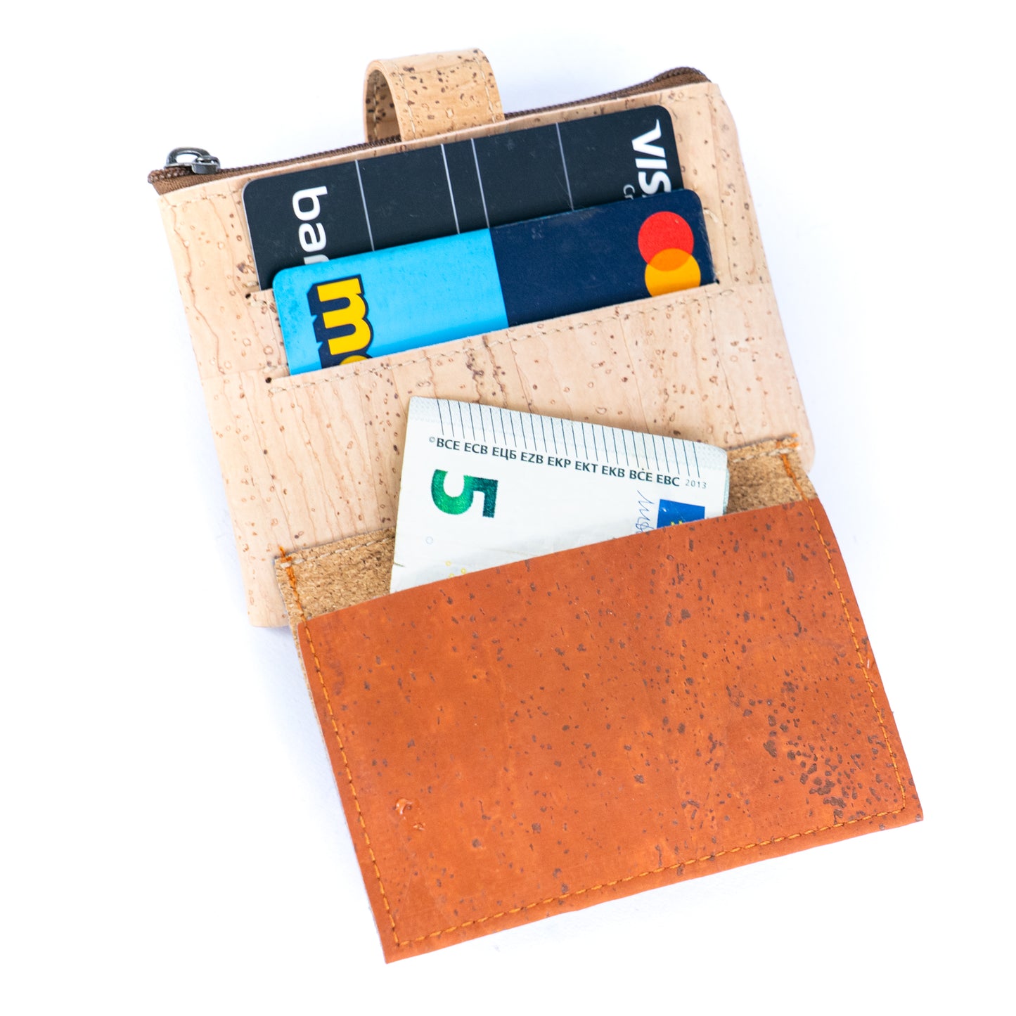 Compact Cork Card & Coin Wallet – Minimalist Zip Pouch with Snap Closure BAG-2357