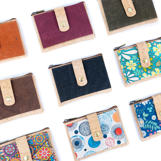 Compact Cork Card & Coin Wallet – Minimalist Zip Pouch with Snap Closure BAG-2357