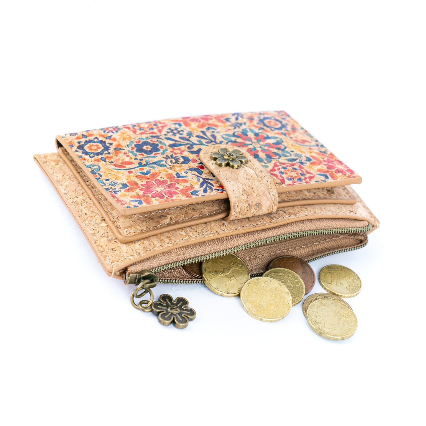 Colorful Floral Cork Wallet with Snap Closure and Coin Pocket BAGD-343A-MIX-8（8units）
