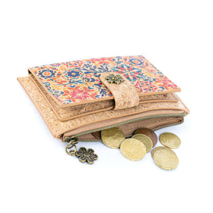 Colorful Floral Cork Wallet with Snap Closure and Coin Pocket BAGD-343A-MIX-8（8units）