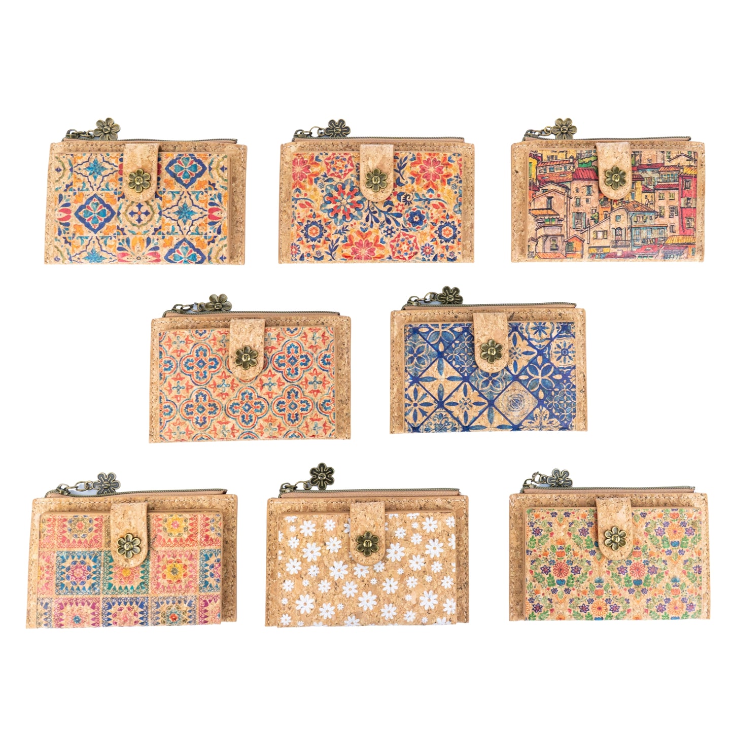 Colorful Floral Cork Wallet with Snap Closure and Coin Pocket BAGD-343A-MIX-8（8units）